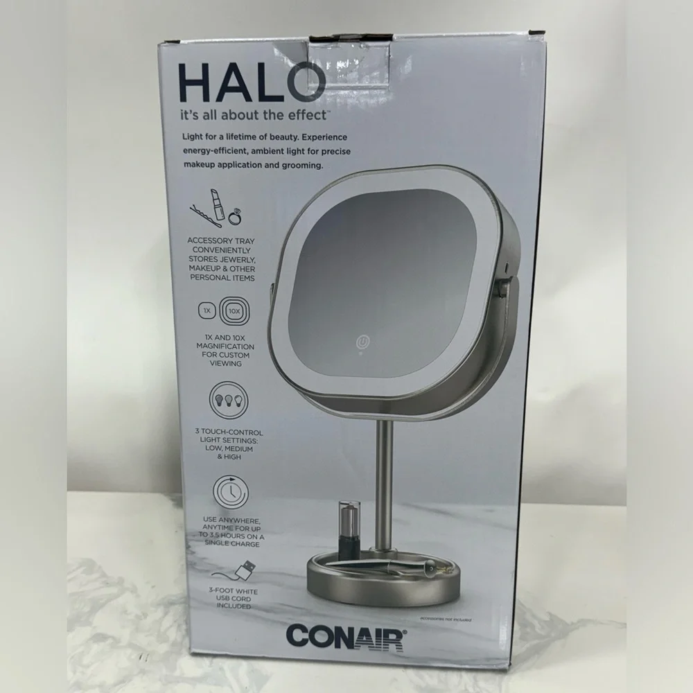 LED Vanity Mirror with Stand 3 Light Settings, 360° Rotation Brushed Nickel